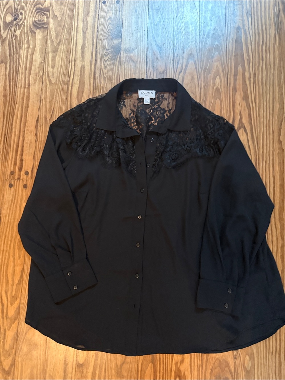 Carmen Marc Valvo Black Lace Yoke Button-Down Shirt